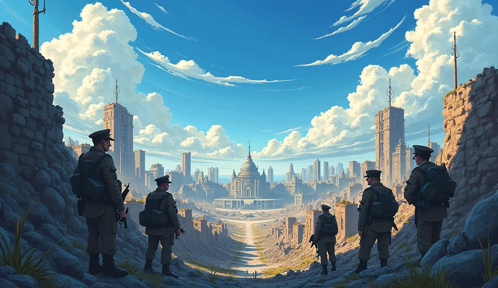 anime, view from the field headquarters, trenches, of a destroyed Russian city in the background,  summer, sunlight, blue sky, cloud