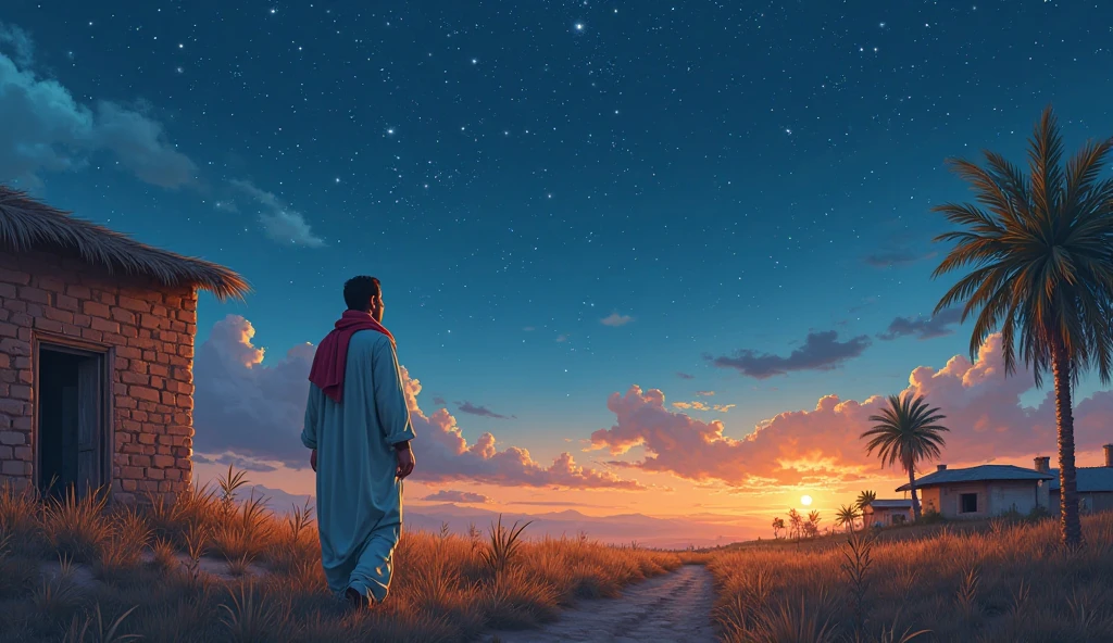 Digital Painting with Semi-Realistic Illustration, use bright colours, a highly detailed ultra HD, 4K cinematic image. A peaceful moment of a man walking under the stars in a village field, head slightly raised with serene expression — symbolizing unwavering belief in Allah’s decisions and feeling of never being alone.comic book illustrator with defined lines and shaded areas
Semi realistic character Middle eastern men
Mud brick village house rustic hut palm trees