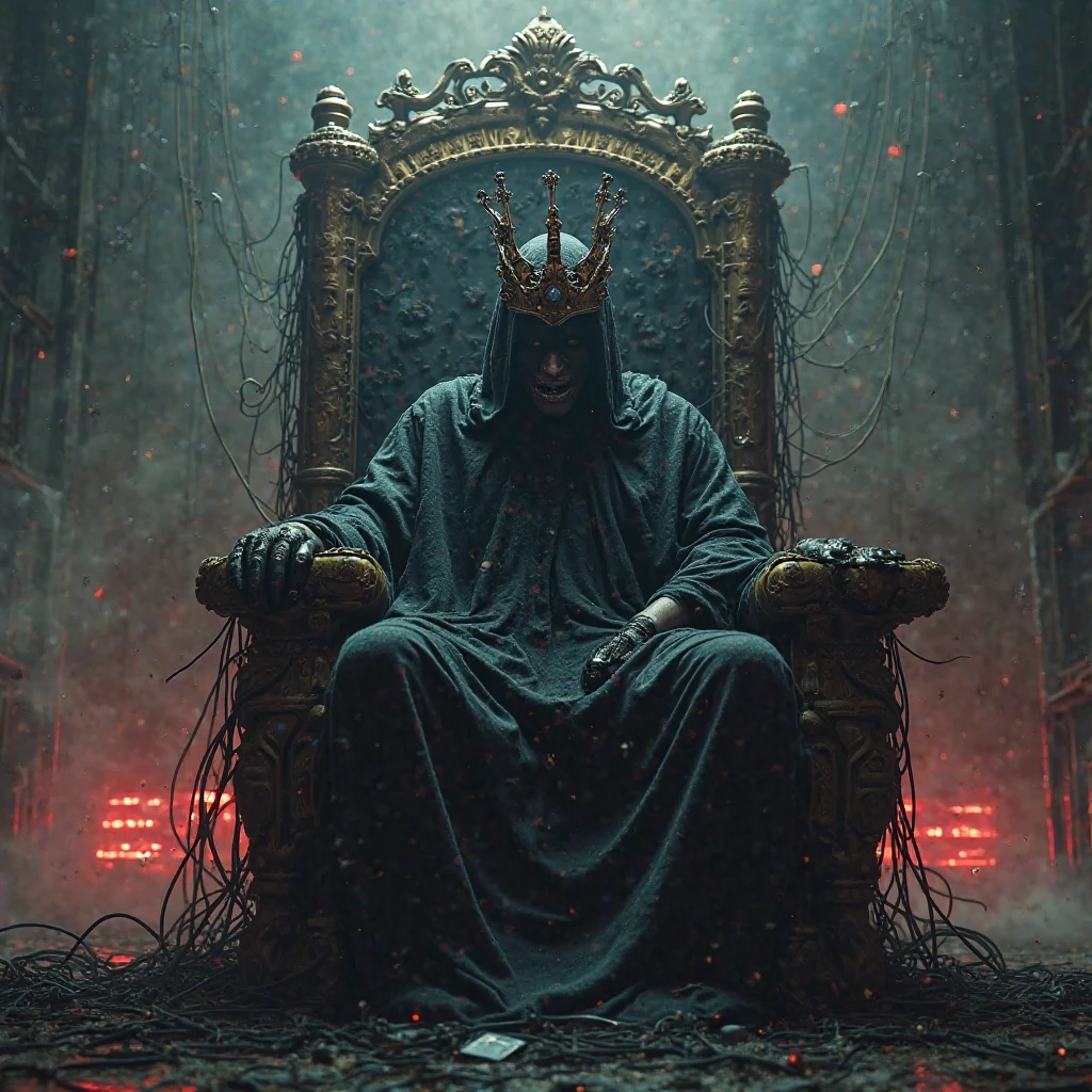 A dark and imposing figure sitting on a throne made of tangled wires, broken cameras, and cracked screens. The environment is filled with thick smoke, with pulsating red lights in the background. The figure wears a crooked crown and a cloak of pixelated shadows, with a partially hidden face behind a glitching digital mask. At the top, the words ‘REI DO ’ written in distorted, metallic, horror-style letters. Cyberpunk horror aesthetic, oppressive atmosphere, apocalyptic tone.