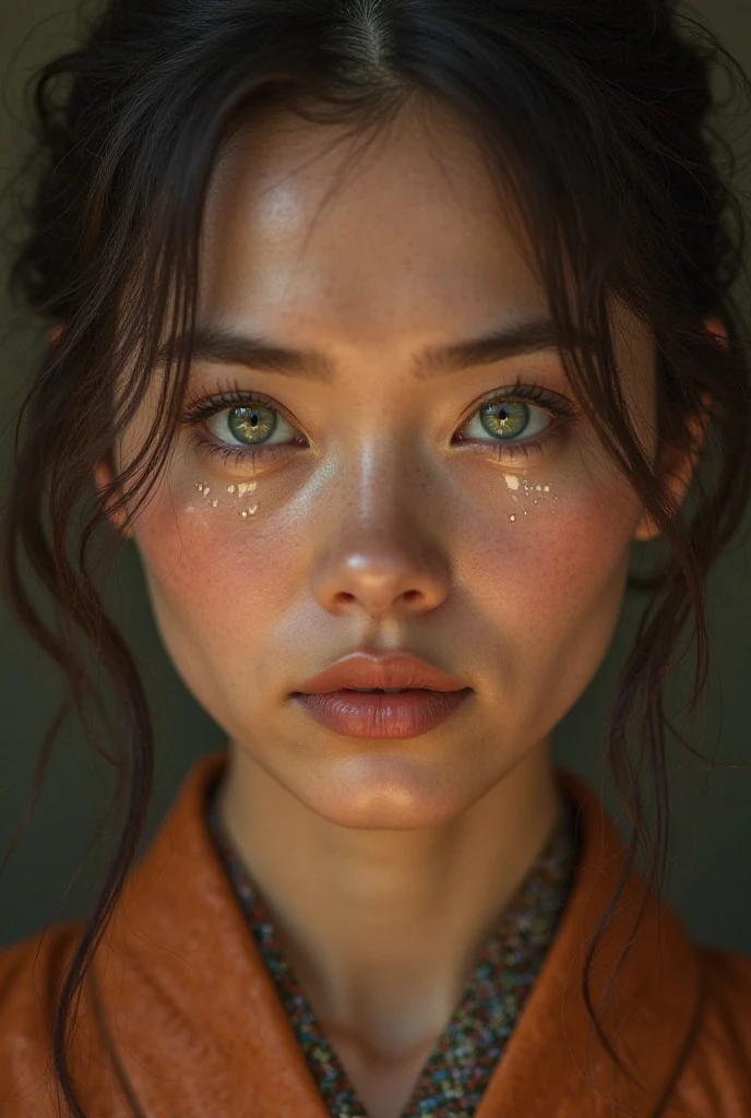 A face of a beautiful woman with tears in her eyes, vibes, HD, 4k, portrait, emotional expression, soft leather kimono, Delicate Factions, big eyes , lights color green, bright tears, dramatic lighting,  emotional atmosphere , oil painting, warm color palette, Realistic tones, fine details, matte finish,  studio quality 