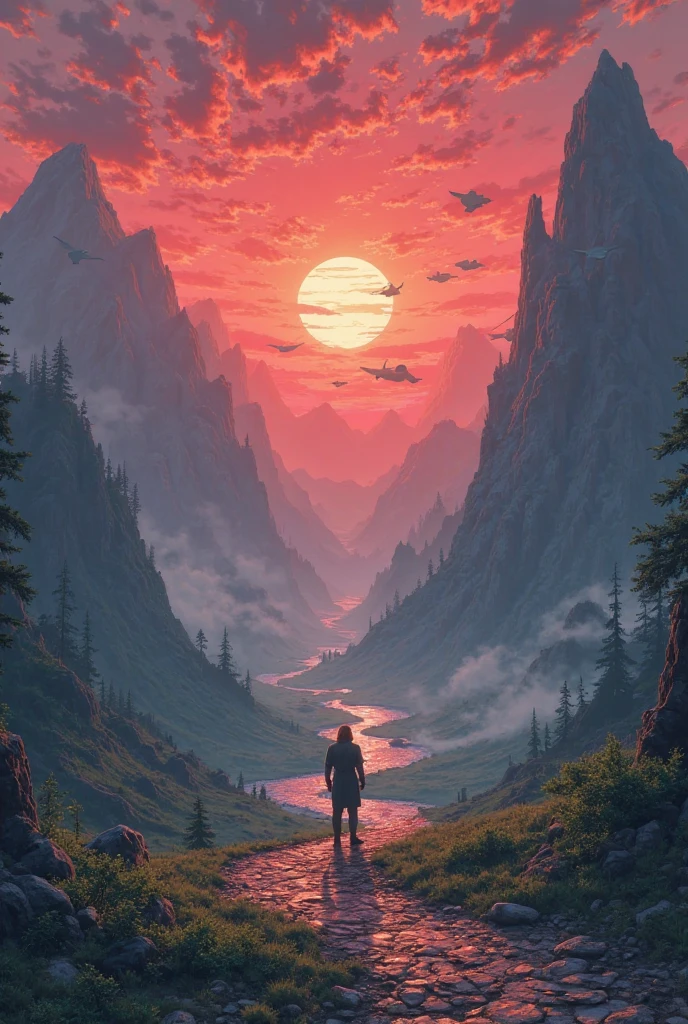 Make me an image to generate a 1080 by 1920 image that will depict a world where there are many remains of dead gods in the middle of mountains and fields, giant skulls reaching the size of mountains, remains of leviathans, flying islands in the sky, ruins of an ancient civilization right in one of the mountains and many roads leading in different directions along the valley, with many unusual colors. And above the high mountains there is a scarlet crimson sunset. In the distance there is a mysterious figure of a wanderer. He stands at a crossroads. All this is in the style of fantasy, DD, early Middle Ages, anime