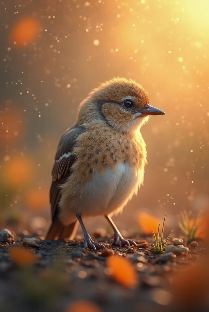A mesmerizing portrait in the foreground of a beautiful little bird illuminated by the soft golden light of a quiet morning, with vibrant bokeh balls gently framing its delicate shape.