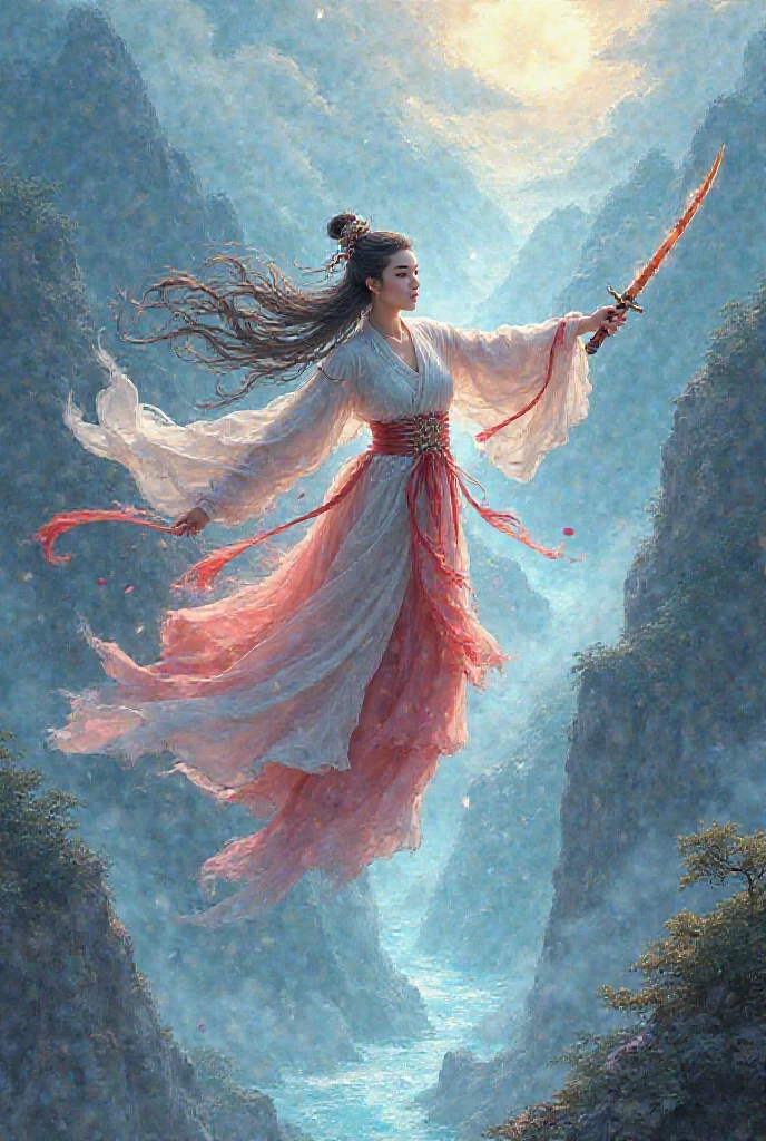 A celestial Hanfu-clad swordswoman floating mid-air, hair and robes flowing, surrounded by rivers and mountains. vibrant colors." art style Chinese anime, Wuxia, Xianxia, fantasy realism, WLOP art style, glowing effects"