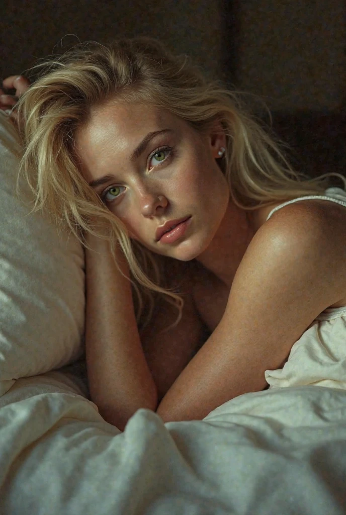 (Skin texture), Super high res portrait photo of a margot robbie , wearing nothing,f /2.8, Canon, 85mm,cinematic, high quality, skin texture, looking at the camera, free hair,,in bed, showing her body