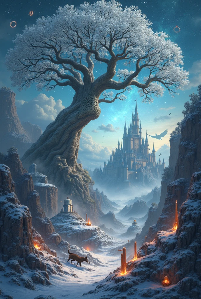 Create a breathtaking fantasy illustration blending three distinct magical realms into one cohesive scene. In the center, a grand ancient tree with silver leaves and Elvish-like carvings in its bark stands over a misty valley, evoking a sense of timeless wisdom and deep mythology. To the right, a majestic castle with high towers rises from a cliffside, surrounded by floating candles, spell scrolls, and a glowing deer-like creature leaping through the air, evoking a world of modern magic and wizardry. To the left, a throne made of dark, jagged blades rests atop a snowy hill under a stormy sky, with dragons soaring above and a lone direwolf howling in the distance. The skies above shimmer with stars forming mystical constellations — a ring, a wand, and a crown — symbolizing the legacy of each realm. The three landscapes blend seamlessly through swirling mist, ancient runes, and magical energy flowing across the scene. Rich details, cinematic lighting, semi-realistic epic fantasy style, vertical composition 9:16, ideal for a TikTok video cover.