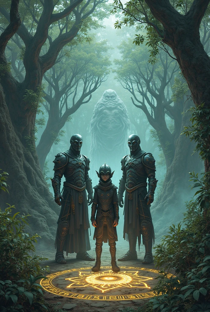 Two of the guards stand protectively in front of a third, While magical runes light up on the ground. Jungle trees with ancient faces rise in the background. Guardians Pact of Central Africa