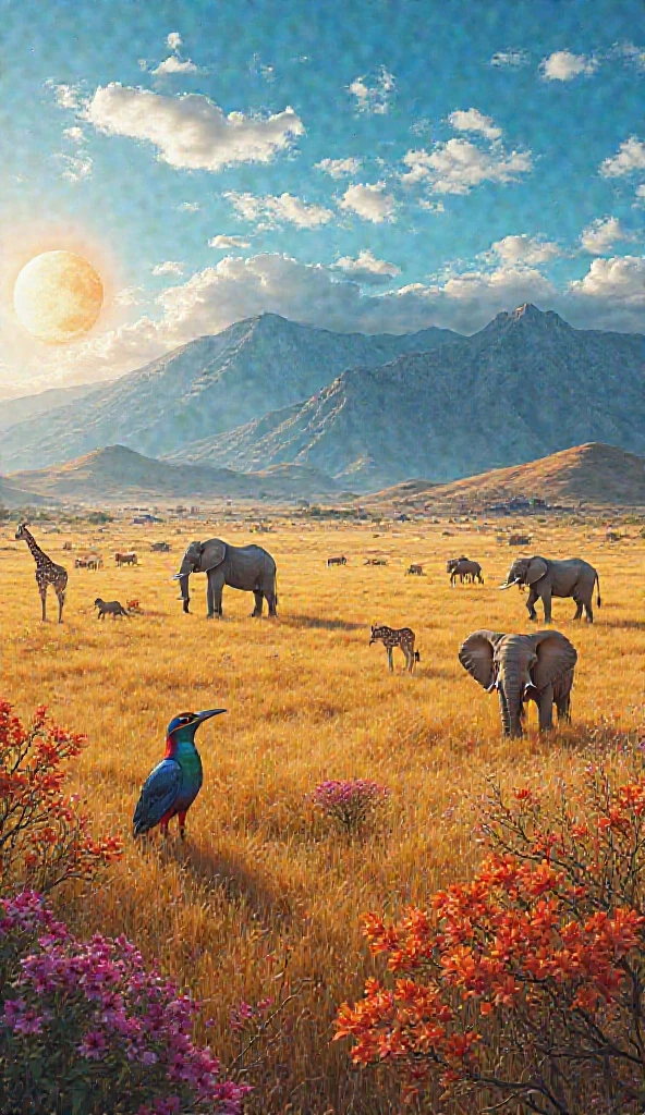 

"A vibrant and colorful landscape of South Africa on a hot sunny day — wide savannahs with golden grass, majestic mountains in the background, wild animals like elephants, lions, and giraffes roaming freely, traditional Zulu huts in the distance, bright blue sky with a glowing sun, colorful native flowers and birds like the Lilac-breasted Roller, rich warm tones and a sense of wild natural beauty — ultra detailed, cinematic lighting, high contrast, vivid colors."





