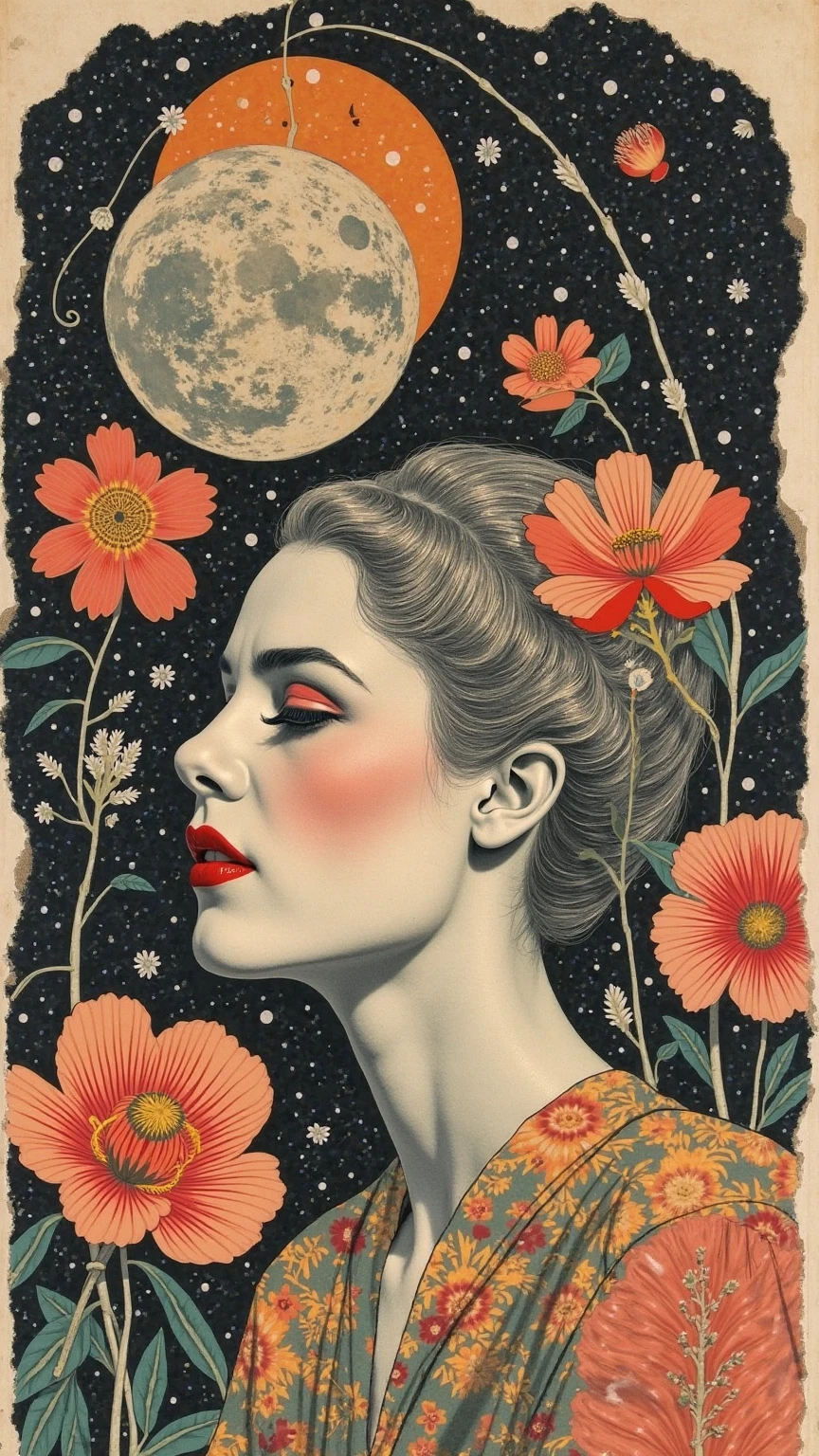 "A vintage analog collage artwork, made with cut-out magazine pieces from the 1950s, surreal composition of human faces, flowers, and cosmic elements, paper textures, torn edges, muted tones, Dada and Bauhaus inspired"