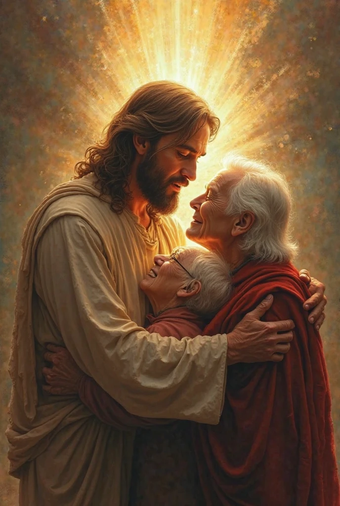 (photorealism:1.2), Handsome Jesus Christ, sitting on bed together with a sickness old man holding his hand, the face of sickness old man is visible, the light of his head and heart is sparkling all over, wearing the red color of beautiful king clothes, the light in his head and heart is sparkling, nice hair, indoors, soft lighting, hospital of bed ridden in the background, window with sunlight, cozy room, relaxed pose, realistic, intricate details, warm colors,