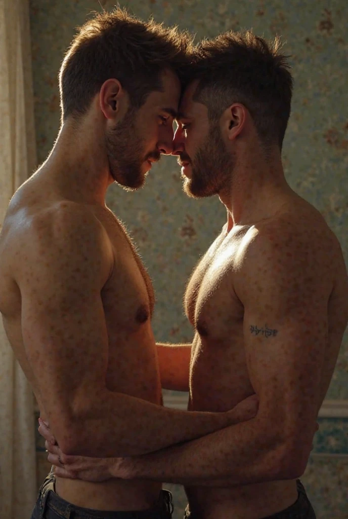 Two muscular and hairy men kissing in bed, huge penises.