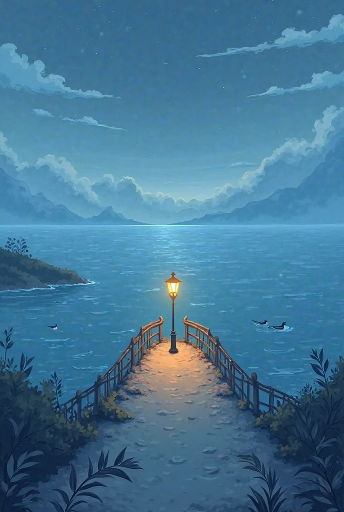 The view of the sea that has a bridge, this evening and there is only one lamp post on the bridge that illuminates a little,  cartoon type 
