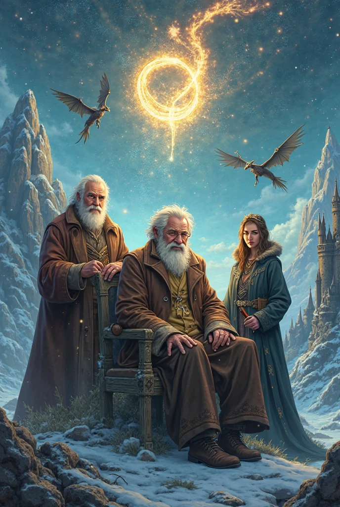 Create a vertical fantasy-themed illustration (9:16) featuring three legendary fantasy authors: George R. R. Martin on the left, J. R. R. Tolkien in the center, and J. K. Rowling on the right. Tolkien appears as an elderly, wise figure with kind eyes, wearing a long coat and holding a glowing quill, with ancient elvish ruins behind him and misty mountains evoking a mythological past. George R. R. Martin has a rounded face, gray beard, signature cap and glasses, seated on a stone chair, with snowy skies, dragons in flight, and an icy fortress in the distance. J. K. Rowling stands confidently, wearing a modern cloak adorned with celestial patterns, holding a wand-shaped pen, with a gothic castle silhouette and swirling magical light in the background. The three stand in a unified, magical landscape, with magical currents linking them through a ring, a crown, and a feather-shaped sigil in the sky. Richly detailed, semi-realistic art style, cinematic lighting, high fantasy atmosphere, ideal for a TikTok video cover.
