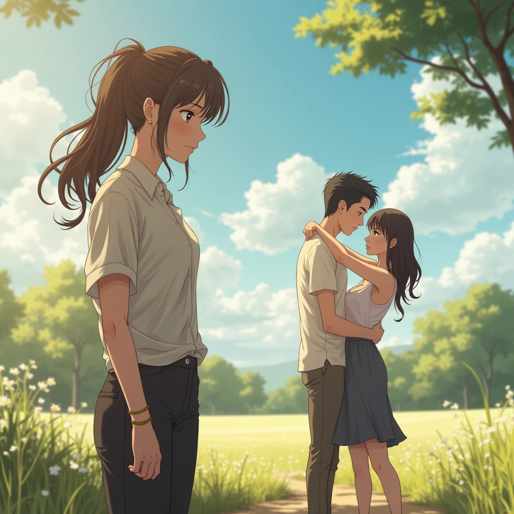  "An anime-style scene set outdoors during the day with a bright, natural daylight background. The scene captures the emotional turmoil and dramatic contrast between the characters. The main character, Emily (aged 30+ and an attractive woman), stands alone in the foreground, her face filled with sadness, disappointment, and a sense of betrayal. She wears a sophisticated, casual outfit that reflects her struggle, and her body language conveys emotional exhaustion. In the background, her husband Jack (also aged 30+) is seen with Wendy (aged 30+), who appears to be a close and confident figure beside him. They share an intimate moment, holding each other tightly, oblivious to Emily’s heartache. The setting is outdoors with natural elements like trees, open fields, and a warm, bright atmosphere that contrasts with the emotional heaviness of the scene. Jack looks content and at peace with Wendy, while Emily stands alone, symbolizing her isolation. The scene captures the betrayal and heartbreak, with subtle visual cues that reflect the underlying tension and complexity of the relationships. The background should emphasize the emotional divide between the characters, with soft lighting and clear daylight that accentuates the characters' feelings of loss and longing."