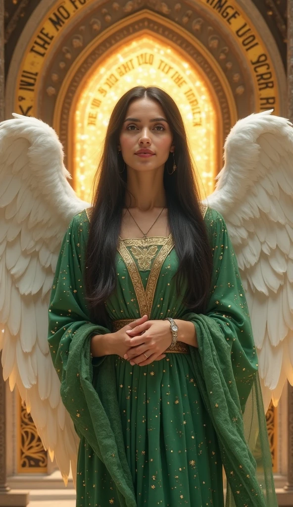 An angel woman of about 28 years old with straight and long black hair, golden eyes and serene expression. She wears an emerald green tunic with twinkling, marked at the waist with a silver light belt. Her wings are white with golden tips, opened in reverence before an arch-shaped heavenly portal with flaming inscriptions.