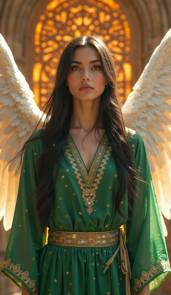Close-up de uma bela jovem mulher, with a giant eagle at his side with its wings spread, giving protection , a mulher com seus lindos cabelos olhos verdes e um lindo vestido cabelos prateados, melhor qualidade, primitivo, a noite, ((Super-detailed, high-precision details)), (The image is clear and sharp)