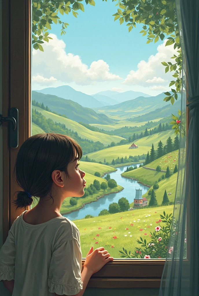 Landscape being viewed by a girl through the window 
