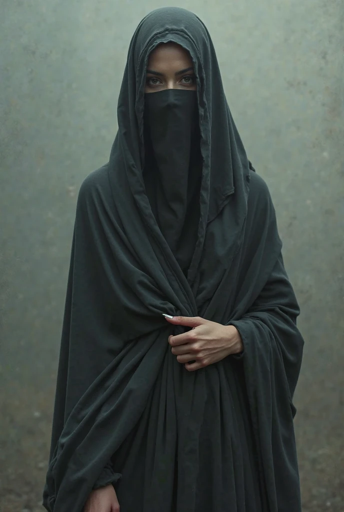 Arab woman wearing black abaya with legs sticking out and raised up