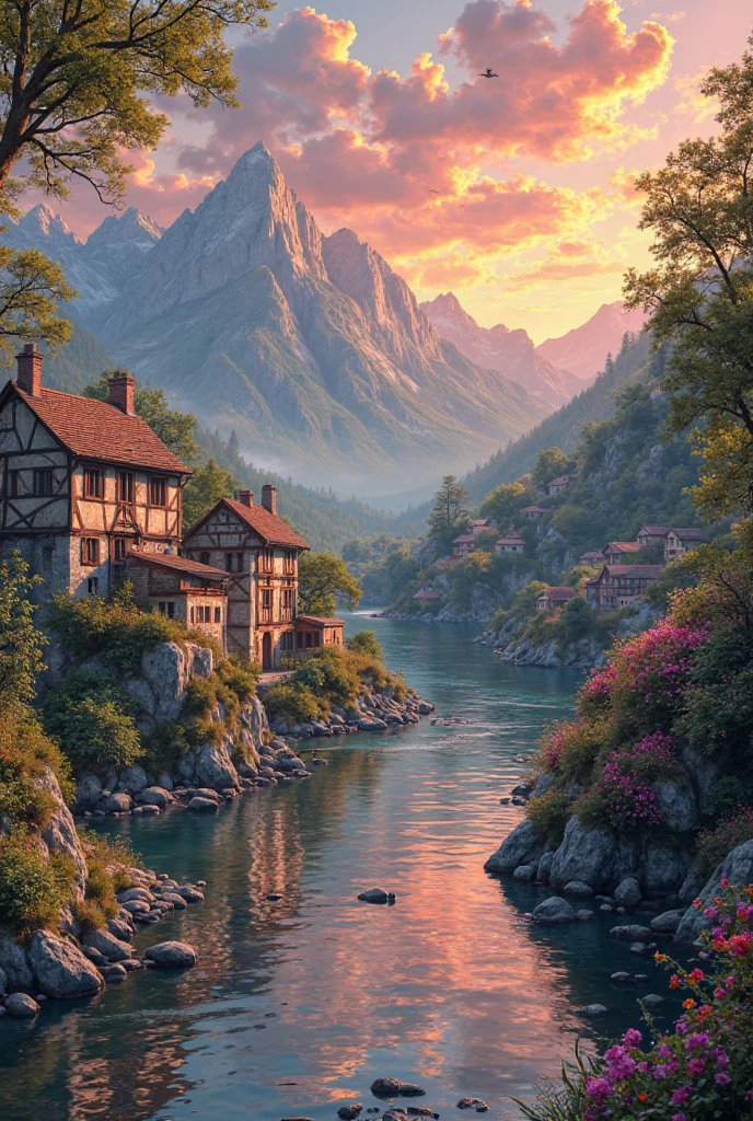 a small village by the river, mountains in the background, floral flowers colorful, detailed landscape, Beautiful natural landscapes, atmospheric lighting, scorching sunset, warm colours, practical, photopractical, Detailed Foliage, complex buildings, cobblestone street, Charming country house, swirly vibrant colors, lush vegetation, Still water reflections, Picturesque, idyllic, work of art, best qualityer, 8k, extremely detaild,anime styling