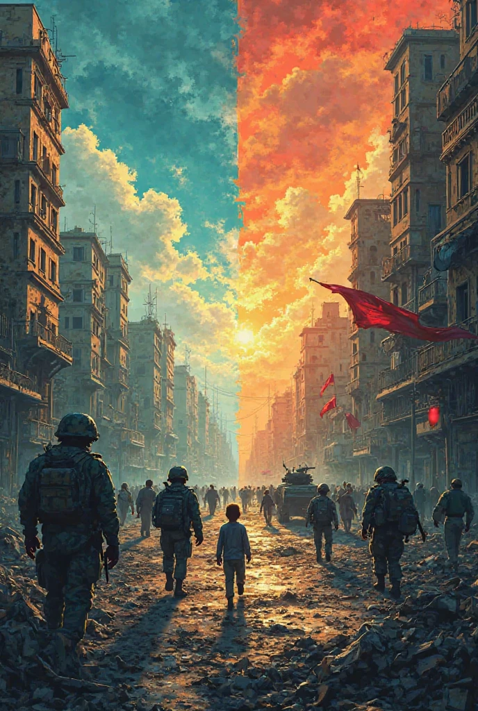 A picture expressing negative peace, including armed conflicts and struggles, and positive peace, achieving justice and equality.