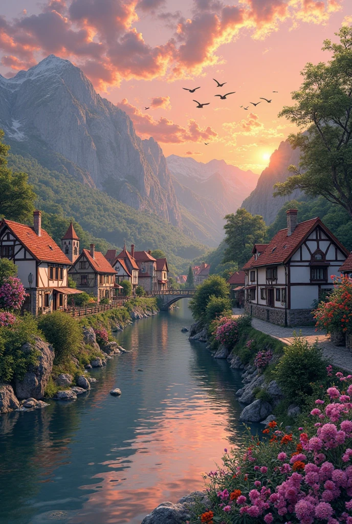 A small village by the river, mountains in the background, colorful flowers, detailed landscape style, beautiful natural scenery, atmospheric lighting,  scorching sunset ,  warm colors, practical, photographic, detailed foliage, complex buildings , cobblestone street, charming country house, vibrant colors, lush vegetation, reflections in the water, pitoresco, idyllic, work of art, Best Quality, 8k, extremely detailed, anime style