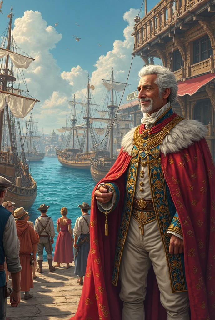 A lively colonial port, with ships carrying boxes marked as “gold”, “cacao”, “silver”. There are merchants and soldiers controlling. Felipe V of SPAIN appears wearing white hair and clothes of the time and supervising from an elevated pier, with a satisfied gesture. a sign says: “Commercial Company”. 18th century