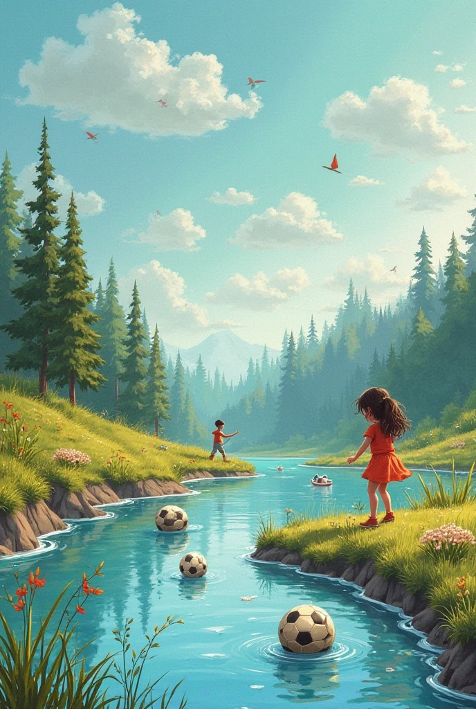 
Design the cover of a ren's book about the story of a girl on the banks of a river she put a soccer ball on the river bank and he went away and there is a pencil that asked her to draw a boat on a sheet