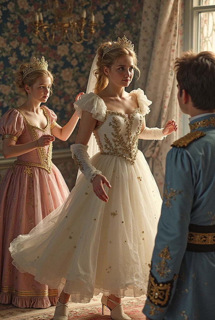 3 children playing at being a princess, um principe e um plebeu, being watched by the king laughing watching the children's play