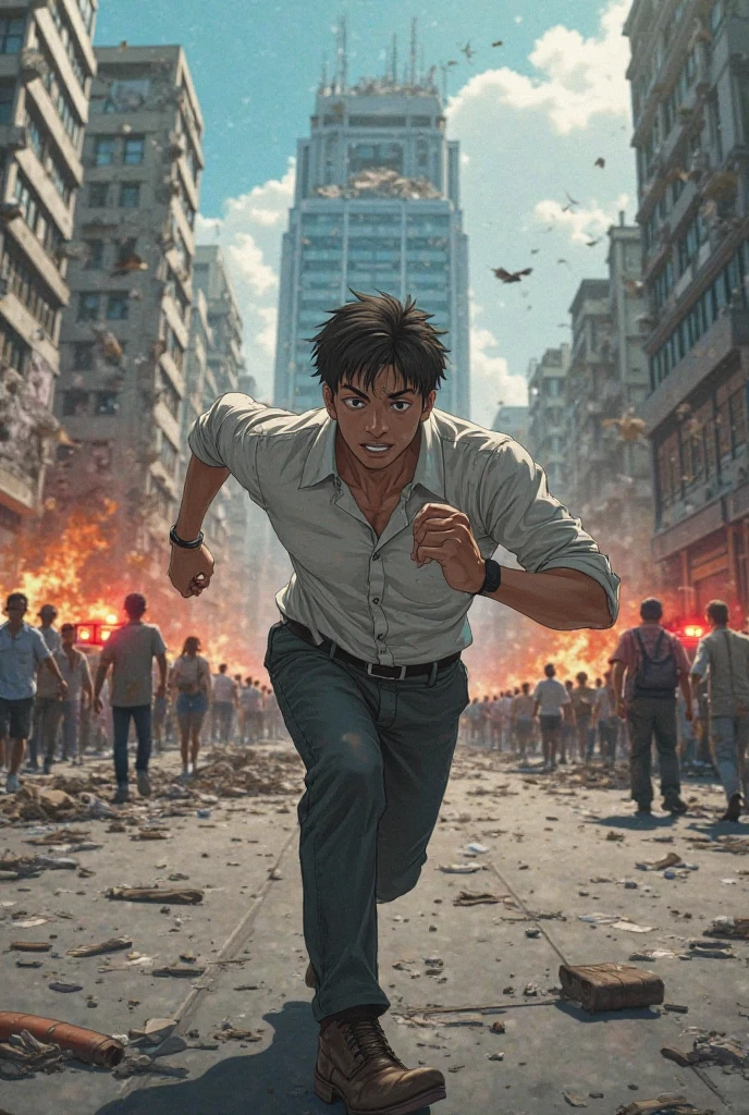 Takumi, wearing a dress shirt now dust-covered and torn, sprints through the streets, his eyes wild with fear. His office building looms in the background, partially damaged. Around him, emergency sirens scream and crowds panic, but he pushes forward through the wreckage, determined to reach his daughter. The streets are broken and littered with debris, fires flickering in the distance. In anime style 