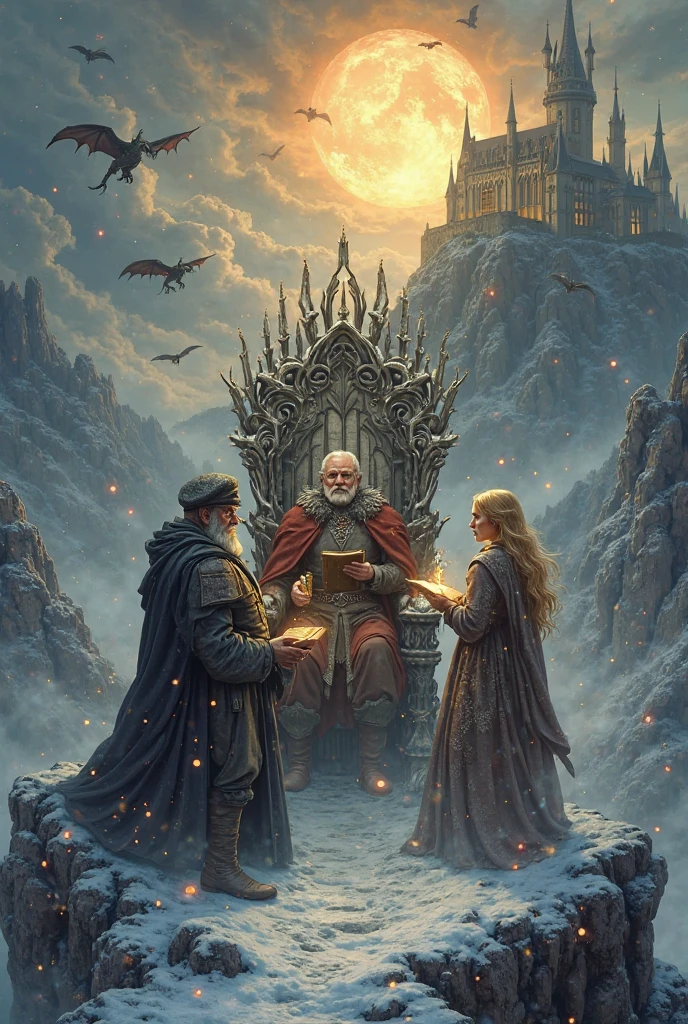 Create a highly detailed vertical fantasy illustration (9:16). On the left, a robust man with a gray beard, round glasses, and a flat cap — inspired by George R. R. Martin — stands in a snowy realm. He wears a medieval cloak and holds a leather-bound tome. Above him, dragons fly through a cloudy, storm-lit sky. Jagged cliffs and icy winds surround him.
In the center, a serene old man inspired by J. R. R. Tolkien sits on a majestic throne made of ancient roots, silver blades, and glowing runes. He holds a glowing quill and a manuscript. Behind him rises a misty valley, with a radiant golden sun shaped like a ring casting warm light across the land.
On the right, a poised woman with golden-blonde hair — inspired by J. K. Rowling — stands gracefully, wearing a star-speckled cloak. She holds a glowing wand-like pen, and behind her, a grand gothic castle rises on a hill with arched towers and lit windows. Scrolls and parchments float around her in magical light.
The composition balances three realms: storm and dragons on the left, wisdom and radiance in the center, and magic and knowledge on the right. The background blends from cold to warm to mystical hues. Cinematic lighting, intricate textures, high fantasy style, semi-realistic digital painting, rich color depth and atmosphere. Perfect for a TikTok video cover or fantasy book tribute.