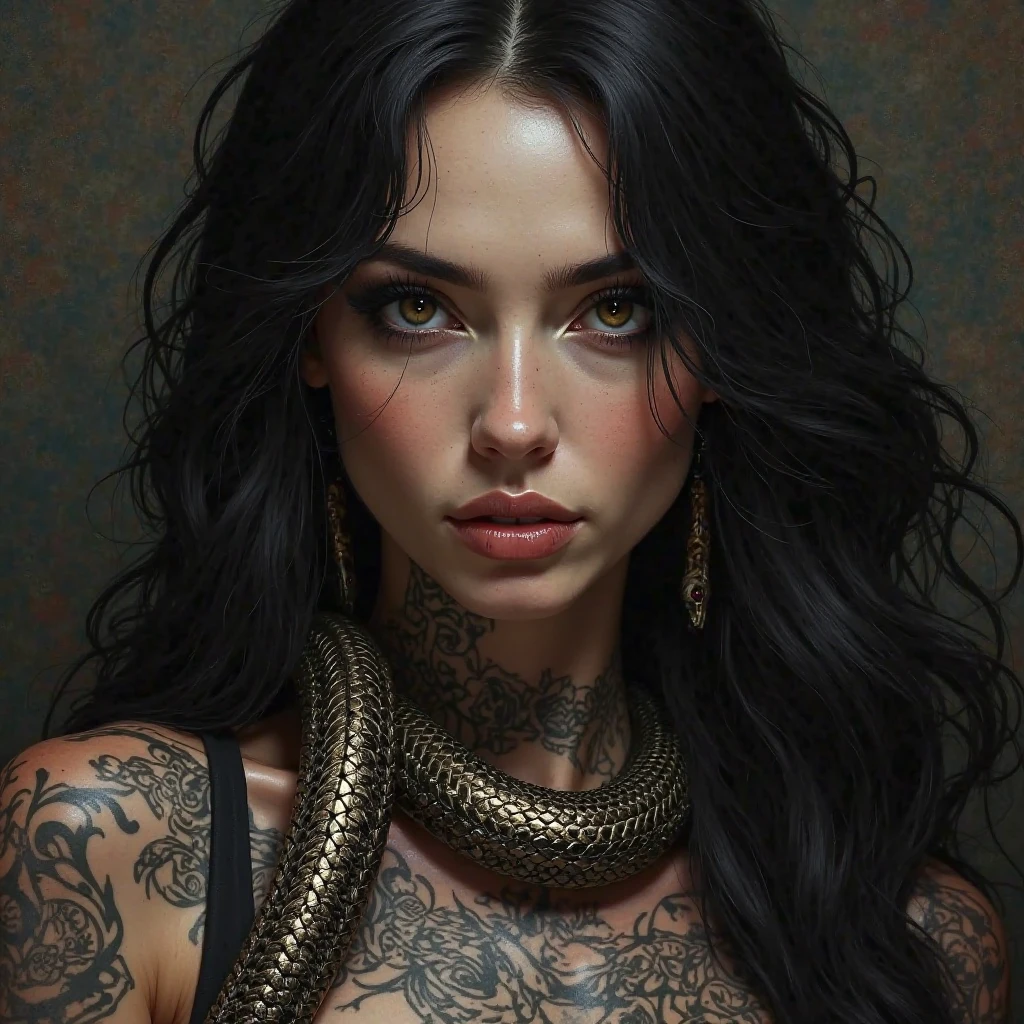 cute woman, long black hair, tattooed, with a snake around his neck