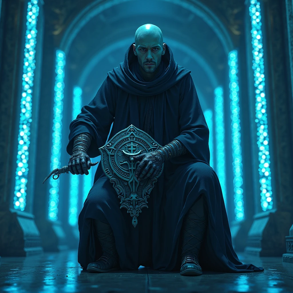 a completely black monk crouching, he hes a blue light but big rome shield, blue barriers in form of hexagons, he is bald, his brass gloves shines with black-dark blue lights
