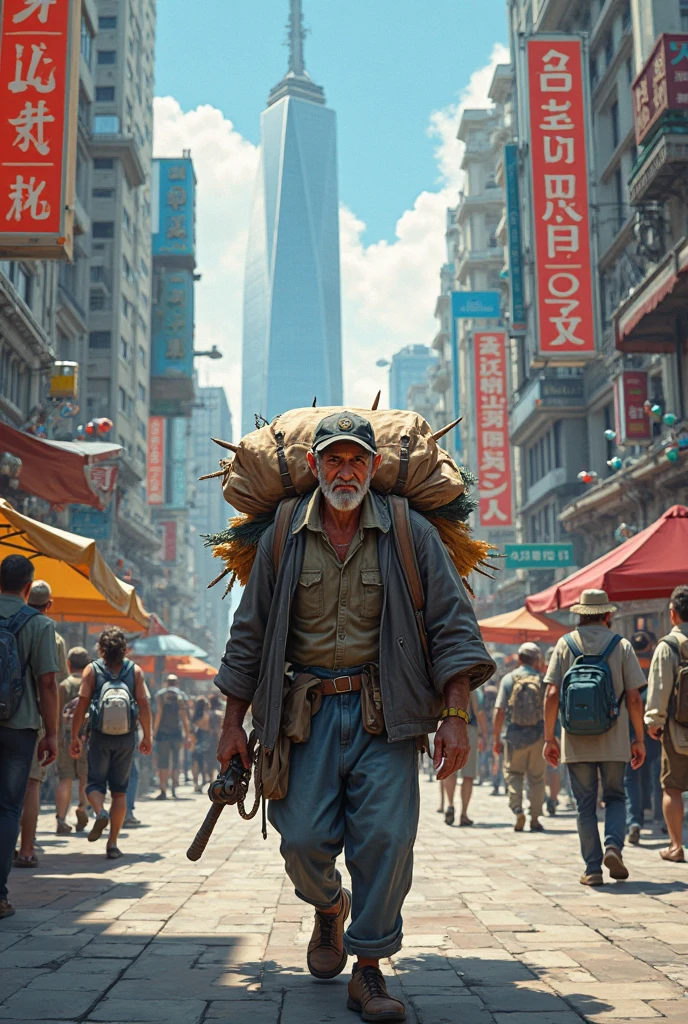 Create a realistic illustration of a seller with his show walking over the modern world