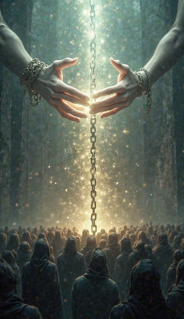 Heavenly hands breaking iron chains that trap a crowd.”