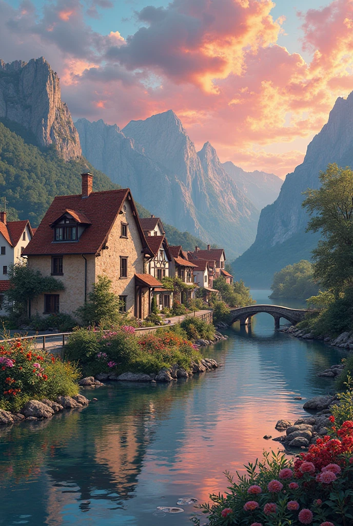A small village by the river, mountains in the background, colorful flowers, detailed landscape style, beautiful natural scenery, atmospheric lighting,  scorching sunset ,  warm colors, practical, photographic, detailed foliage, complex buildings , cobblestone street, charming country house, vibrant colors, lush vegetation, reflections in the water, pitoresco, idyllic, work of art, Best Quality, 8k, extremely detailed, anime style