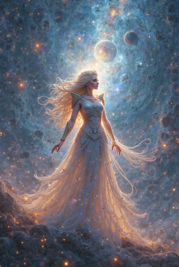A delicate outline of a star Valkyrie surrounded by galaxies, planets and nebulae.