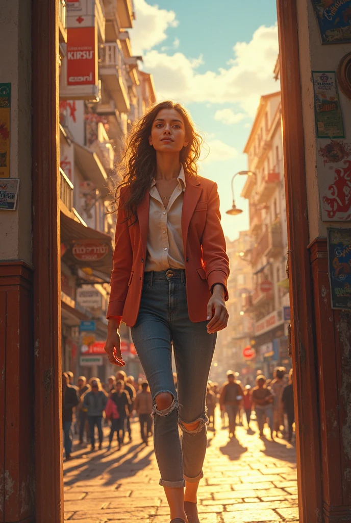 Zeynep leaves the apartment.  The sun shines . Street moving. 