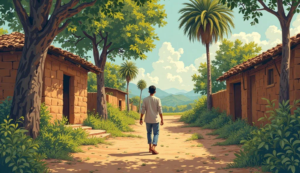 Digital Painting with Semi-Realistic Illustration, long shot of Hasan walking a narrow village trail lined with trees, new leaves blooming. Scene symbolizes fresh beginning and clarity in purpose. Peaceful and serene atmosphere.comic book illustrator with defined lines and shaded areas
Semi realistic character south asian men
Mud brick village house rustic hut palm trees