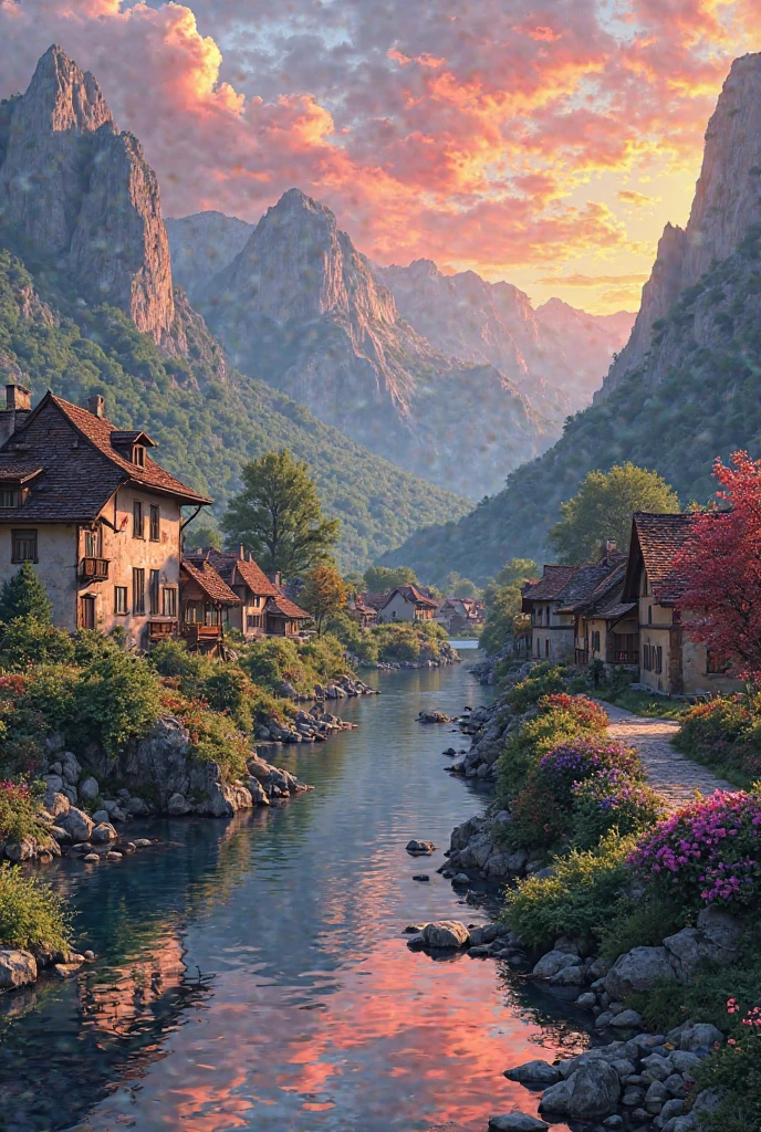 A small village by the river, mountains in the background, colorful flowers, detailed landscape style, beautiful natural scenery, atmospheric lighting,  scorching sunset ,  warm colors, practical, photographic, detailed foliage, complex buildings , cobblestone street, charming country house, vibrant colors, lush vegetation, reflections in the water, pitoresco, idyllic, work of art, Best Quality, 8k, extremely detailed, anime style