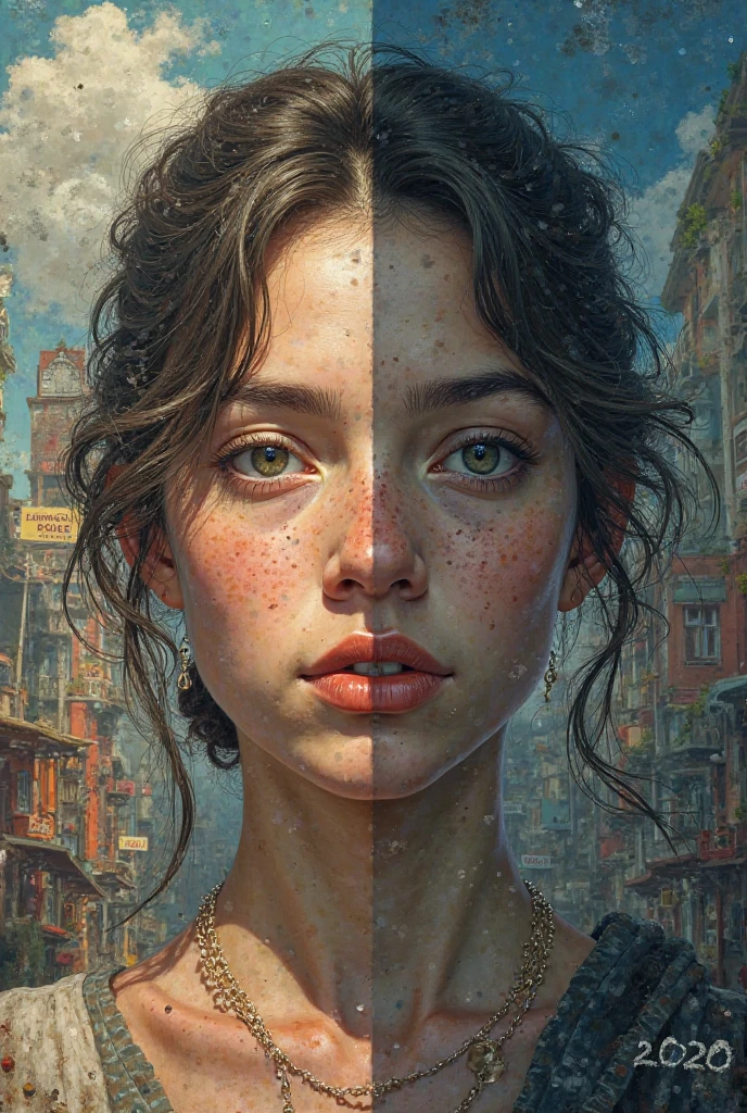 Can you create an image for me that has it 2020 on the right side and it 1986 on the left side but divided by the face 