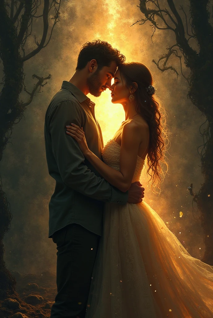 Man woman in love with light that breaks the darkness and destroys ghosts 