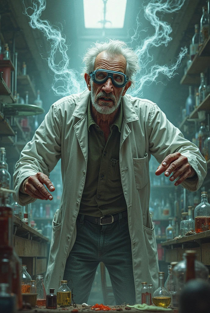 Not much older man scientist,dressed in a costume in the midst of a monstrous transformation because of one of his experiments