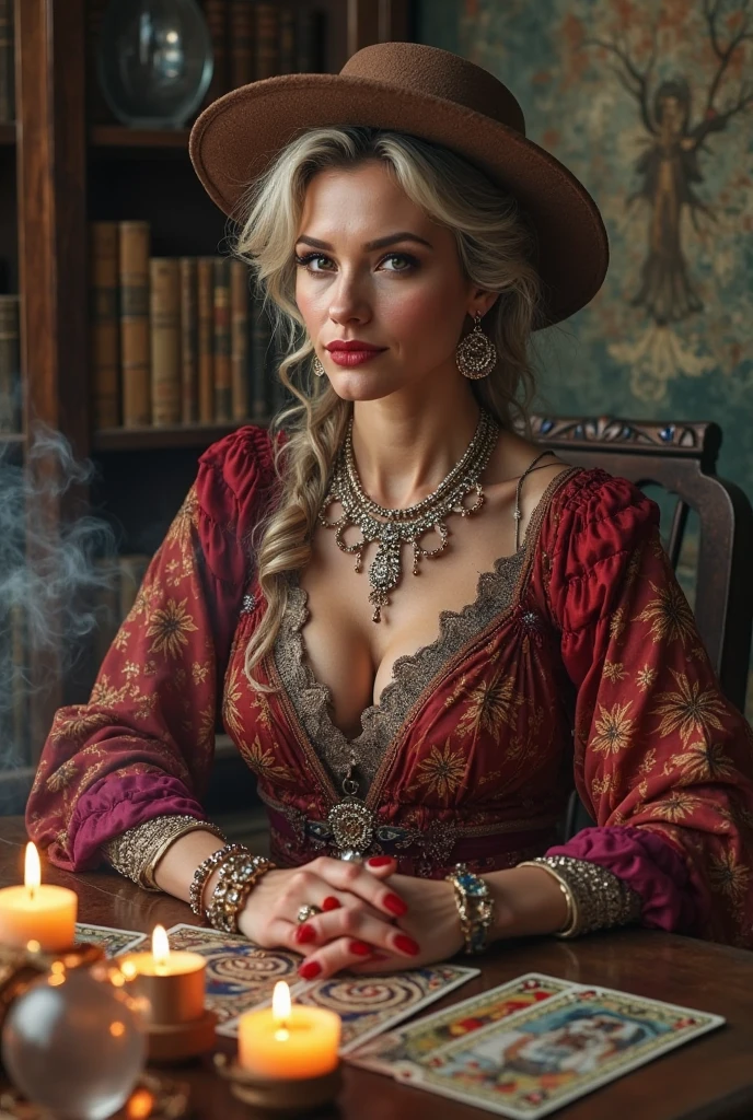 
"Create an ultra-realistic  of a sensual gypsy, busty white mature woman. She should have a considerable, deep décolleté, radiating confidence and allure. The décolleté should be a prominent feature, adding to her sensual appearance. Her attire should be typical of gypsy culture, with vibrant, flowing fabrics in rich colors like deep reds, golds, and purples. The outfit should include a mix of textures like lace, velvet, and silk, designed to highlight her figure and the neckline.

Adorn her with multiple sparkling jewelry pieces, such as large earrings and bracelets, but remove any necklace around her neck to keep the focus on her exposed neckline. She should be wearing a discreet, elegant gypsy hat that complements her look, with a soft brim, adding a touch of mystery without overpowering her appearance. The woman should exude both wisdom and allure, her expression thoughtful yet captivating.

She is seated at an esoteric reading table, surrounded by mystical items. The table is adorned with lit candles, tarot cards spread out, and a crystal ball glowing softly. The atmosphere should feel enigmatic, with dim, ethereal lighting that highlights the details of the scene. The background includes shelves filled with esoteric books, incense smoke curling in the air, and mystical symbols subtly visible around her.

Add long, beautiful, and perfectly manicured red nails, which add to her sensual and mysterious aura. These nails should stand out and complement the overall boldness of her look. The setting should evoke a sense of ancient knowledge and mystery, with intricate details on her clothing, jewelry, nails, and the items around her, making the avatar look realistic and mesmerizing in its entirety."

