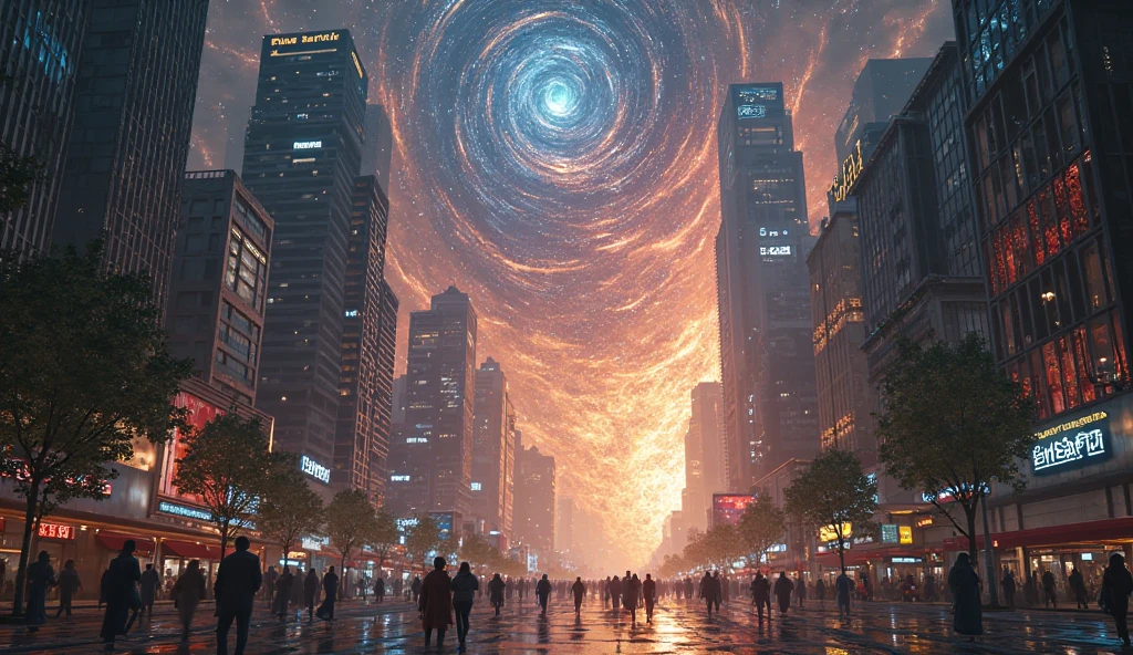 A dimensional collapse is seen in the center of the city, Galaxies and Falling Stars HD.