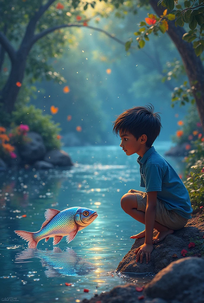 A 6- boy sitting at the right side of the image drinking water directly from the clean yamuna river bank painting composition with small visible fishes in the water and other small details such as yamuna bridge in the background, a little futuristic, houses and buildings around the river