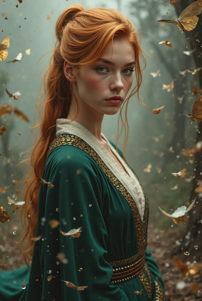 (solo, full body photo:1.3), (action packed:1.3), (haze, fog, mist:1.3), chiaroscuro, best quality, photorealistic, 1woman, (cute), (24yo:1.2), redhead, long jilbab highly detailed, ?????, big , 1700'S, digital photography, art by artgerm and ruan jia and greg rutkowski surreal painting gold butterfly filigree, broken glass, (masterpiece, sidelighting, finely detailed Fashionable eyes: 1.2) (perfect oval large eyes that gazes at the viewer), beautiful detailed face, blue gorgeous perfect eyes, (blonde hair ponytail), (attractive young woman:1.3), (thick amazing hair), (seductive:1.1), (blushing:1.1)