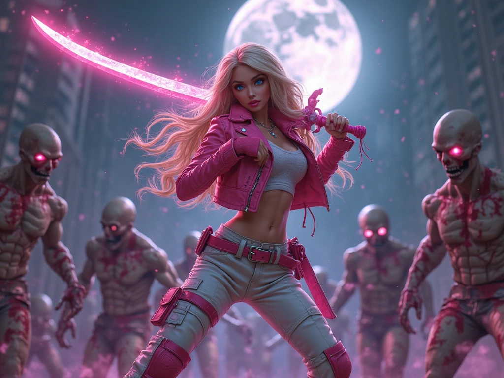 young woman, Beautiful and ???? fighting grey-skinned zombies, ??????? untidy in clothes and appearance, and her eyes are purple.. Barbie fights with a double-edged sword with a fuchsia sickle and curved handle in bright white, With pink frostings. wearing a pink leather jacket (adjusted to your figure) Under a short white flannel, white combat pants with black belt and shiny buckle and finally pink military boots. She has loose, well-ironed blonde hair and blue eyes, Wear pink lipstick and makeup, And she has a good body, firm and ?????????????, stunning figure, nice legs and big as a firm ????. All realistic at night, illuminated by the full Moon in an abandoned city