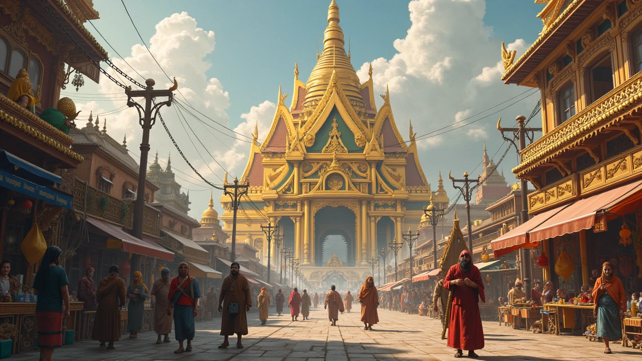 A modern temple with gold roofs beside a street filled with struggling laborers.