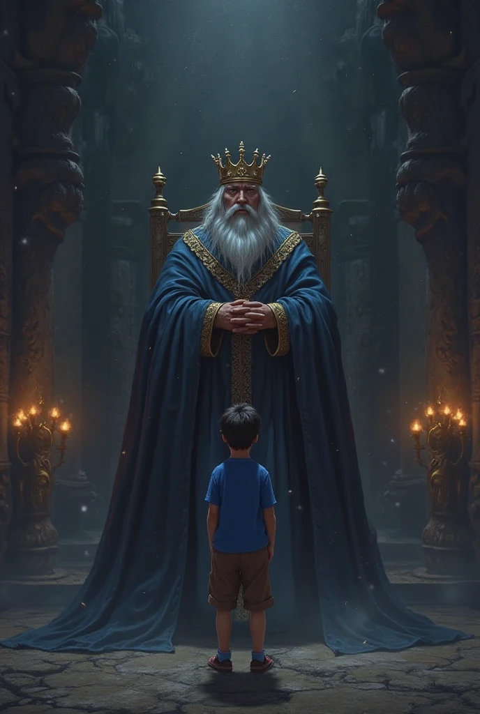 Image Prompt 6: The King’s Sadness

Character Details: Ali, in his signature blue shirt and brown shorts, stands before the king in the gloomy castle. The king wears royal clothes—lavish, dark blue robes with gold accents—and a crown that looks slightly worn.

Setting Details: The castle is large, but dark and somber. The room is dimly lit by torches, and the throne room feels cold and distant, despite the grandeur.


