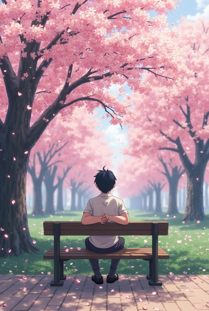 Ueno Park in spring. The sakura trees bloom once more, their petals dancing gently in the wind. Takumi sits on a bench beneath them, hands folded in his lap. He stares at the trees but sees only the past. A faint image—a memory—of Sayuri laughing and chasing petals flickers beside him like a ghost. The scene is quiet, beautiful, and achingly lonely. Make this cenimatic 