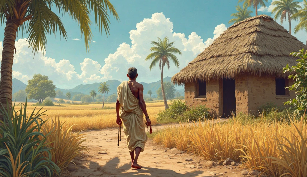 comic book illustrator with defined lines and shaded areas
 Semi realistic character  south asian men
Mud brick village house rustic hut palm trees

Digital Painting with Semi-Realistic Illustration, use bright colours, a highly detailed ultra HD, 4K cinematic image. A determined village man walking on a rough path through fields, head held high, holding prayer beads — reflecting faith, patience, and belief that divine help follows sincere struggle.